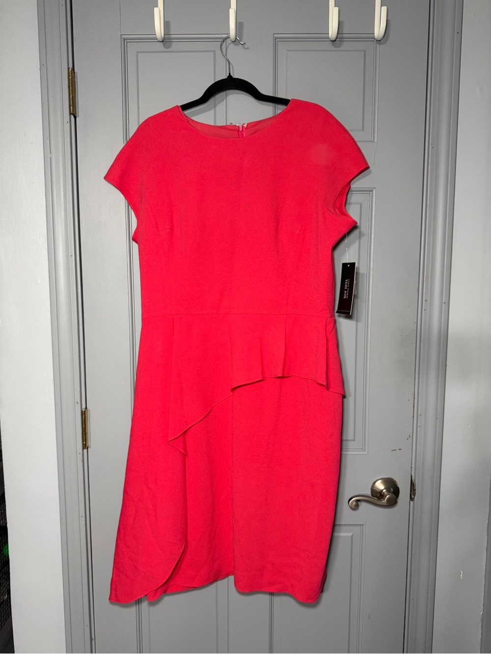 NWT $400 Rickie Freeman for Teri Jon Coral Pink Asymmetrical Peplum Dress